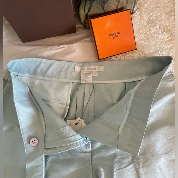 NWT Magaschoni 100% Dupioni Silk straight w little Flare Pants Light Blue Size 2 - Picture 6 of 14